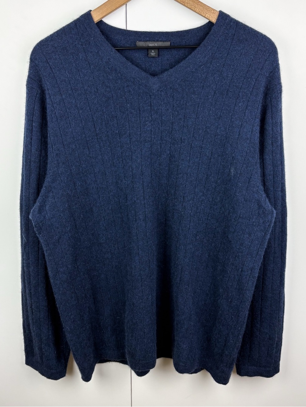 Vintage 100% Cashmere Ribbed V Neck Sweater Navy Blue Apt.9 Mens XL Office Work